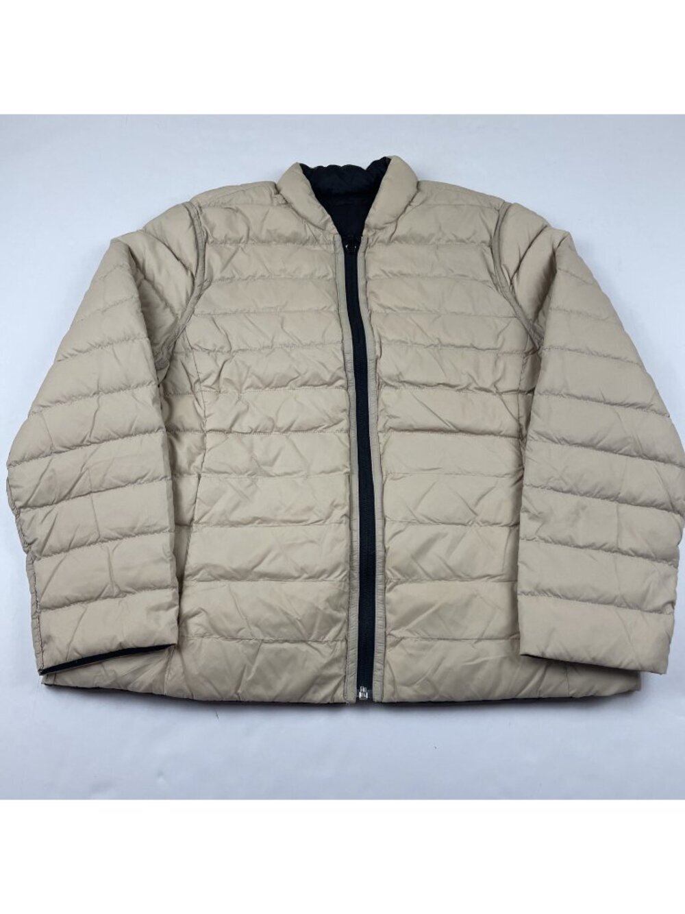 Lands End Reversible Puffer Jacket Women M Petite 10-12 Goose Down Black Cream